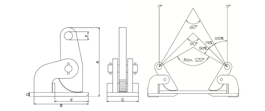 AMH PCH horizontal plate clamp dimensional drawing (A-F)