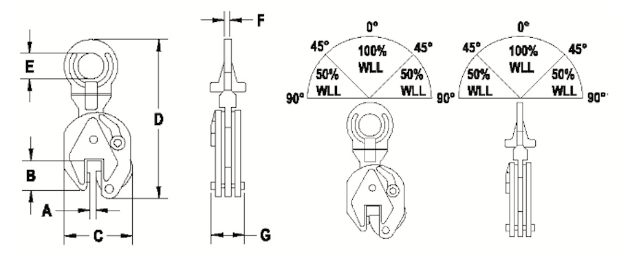 AMH PCUA universal plate clamp dimensional drawing (A-F)