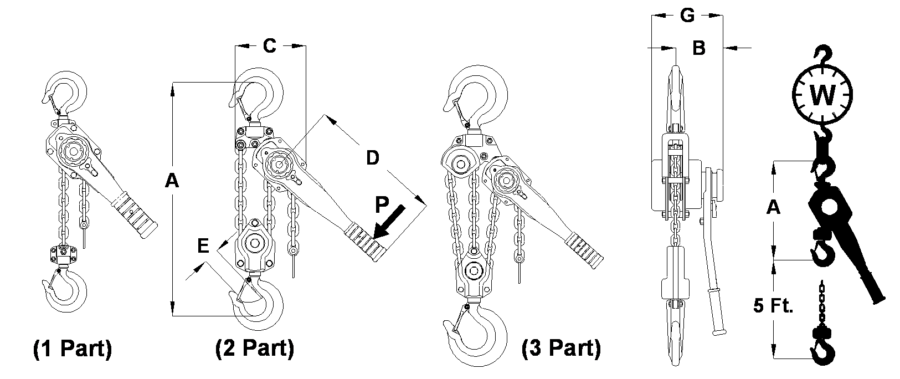 AMH X5-Series SubSea lever hoist dimensional drawing (A-G)