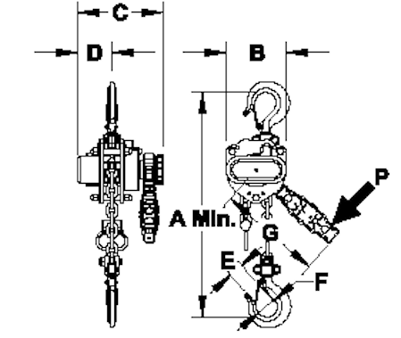 AMH ML Mini-Series lever hoist dimensional drawing (A-G)