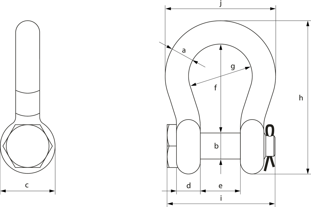 Green Pin Bow Shackle SCP dimension line drawing, side and front, letters A to J — manufacturer technical drawing