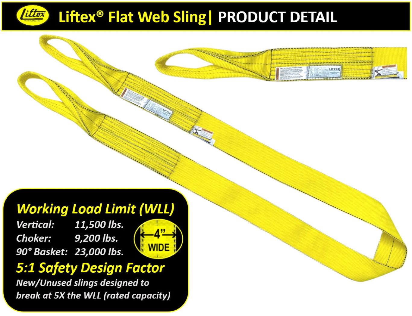 Liftex® Pro-Edge® / 2-Ply 4" Flat Eye Polyester Web Sling / EE294 / 11,500 lbs WLL