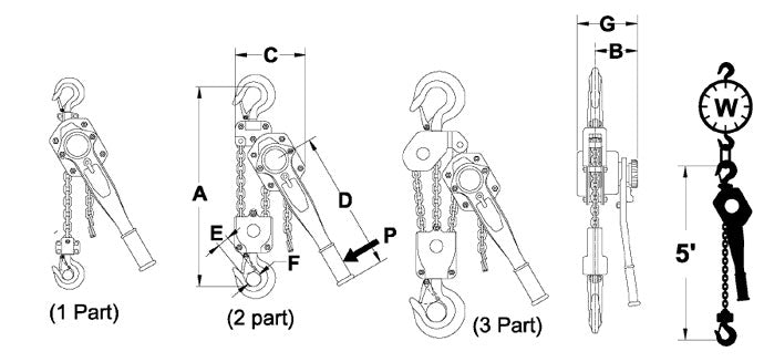 AMH LA-Series lever hoist dimensional drawing (A-G)