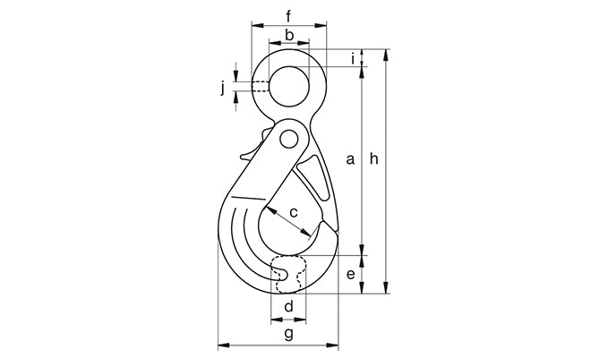 Green Pin XLO Self-Locking Hook E dimension diagram