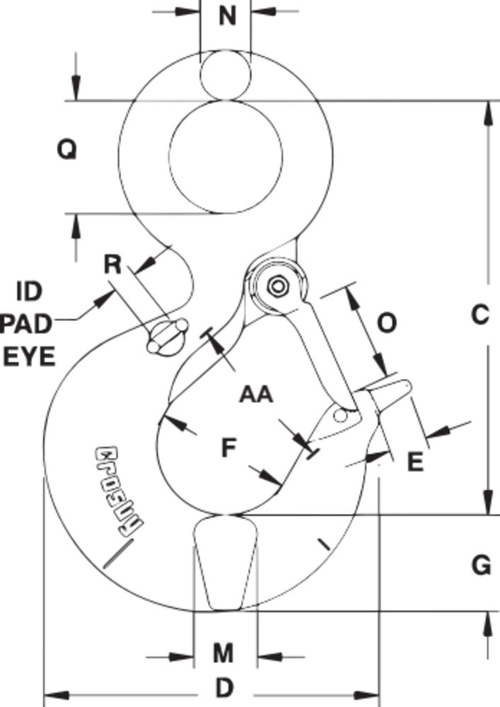 Crosby L-320R ROV Hook dimensional diagram