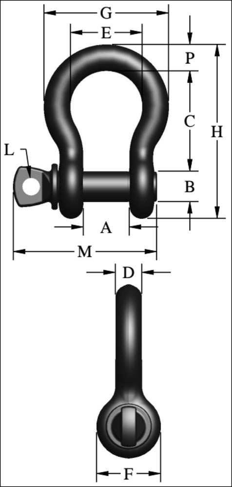 Crosby S-209T Theatrical Screw Pin Anchor Shackle dimensional diagram