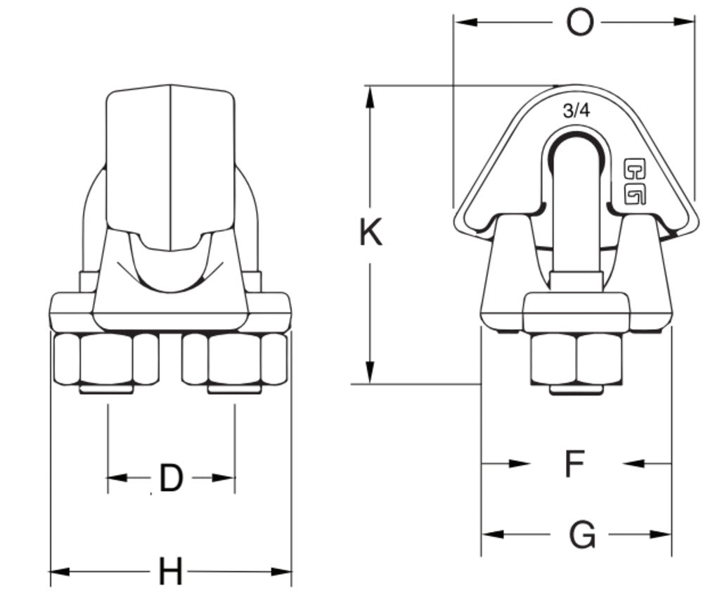 Crosby G-461 Thimble Eye Wire Rope Clip dimensional diagram
