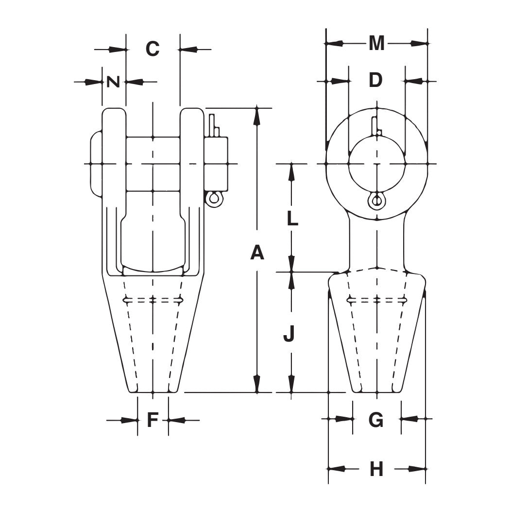 Crosby G-416 Open Spelter Socket dimensional diagram