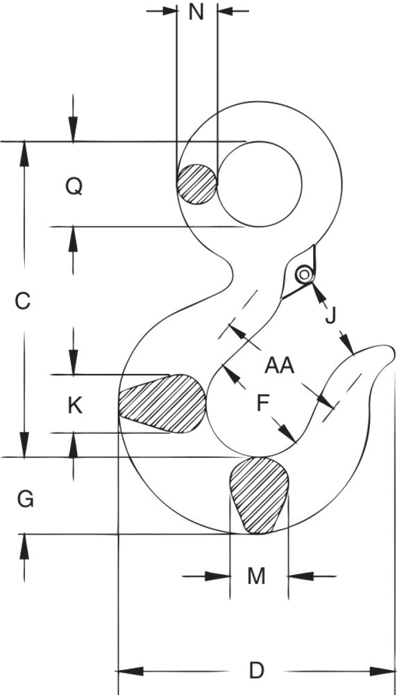 Crosby L-320 / L-320AN eye hook dimensional drawing showing dimensions C, D, F, G, J, K, M, N, Q and AA