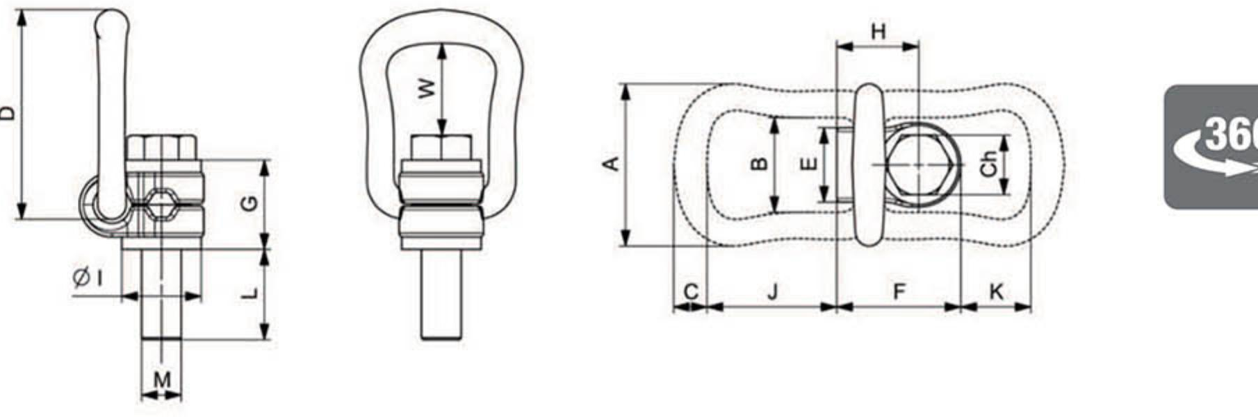 C806X Rotating Eyebolt w/Clamp - dimensional diagram (A,B,C,D,E,F,G,H,I,L,W,J,K,Ch)