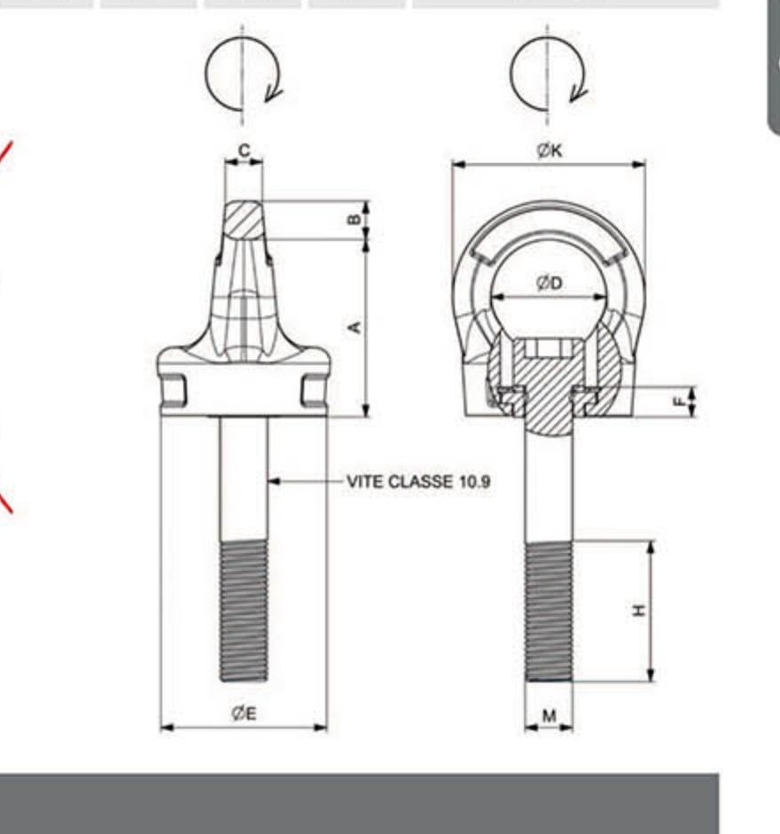 C810X Rotating Eyebolt Variable Screw Length - dimensional diagram (A,B,C,D,E,K,F)