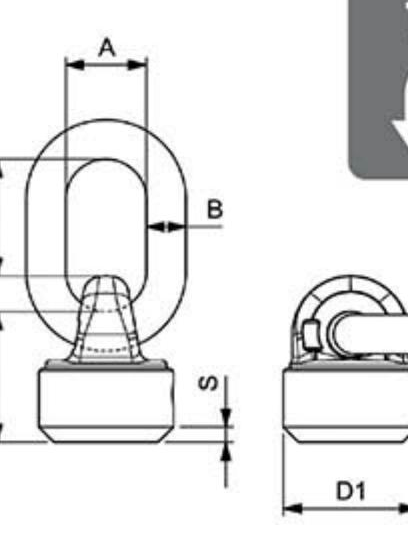 C815X Weld-On Rotating Eyebolt w/Ring - dimensional diagram (A,B,C,E,H,D1,S)