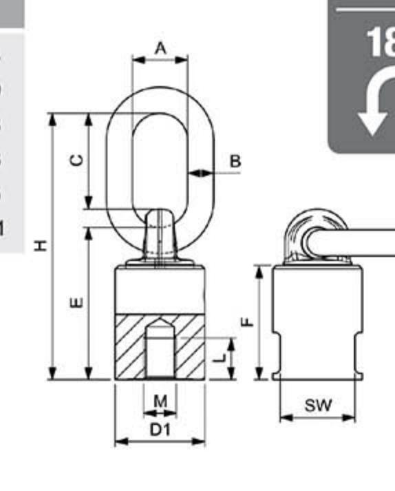 C816X Rotating Eyenut w/Ring - dimensional diagram (A,B,C,E,F,H,SW,D1)