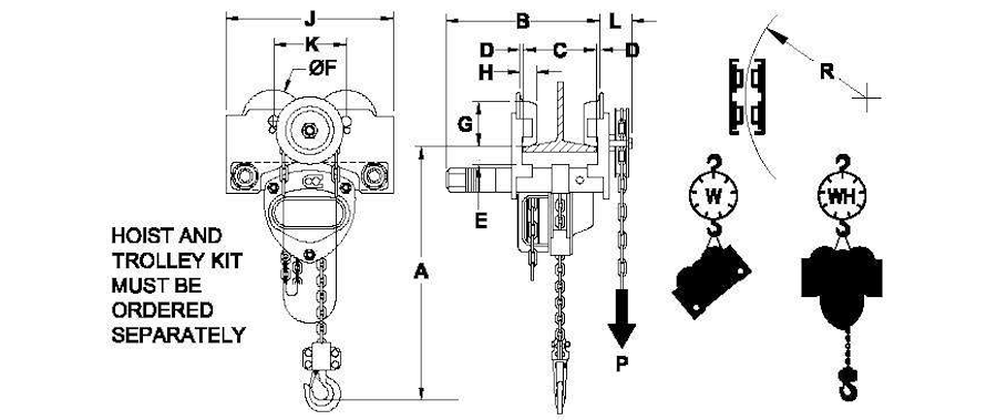 AMH low-headroom trolley dimensional drawing