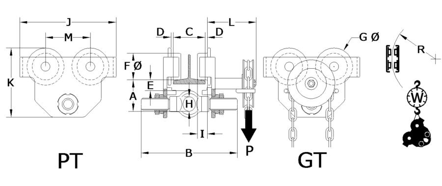 AMH push/geared trolley dimensional drawing 1/2-5 ton
