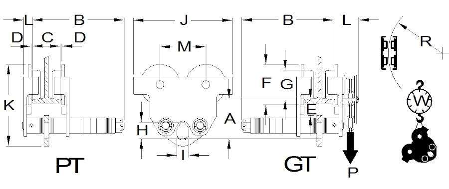 AMH push/geared trolley dimensional drawing 10-30 ton