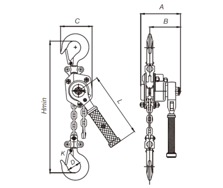 AMH LZ Mini-Series lever hoist dimensional drawing (A,B,C,D,H,L,K)