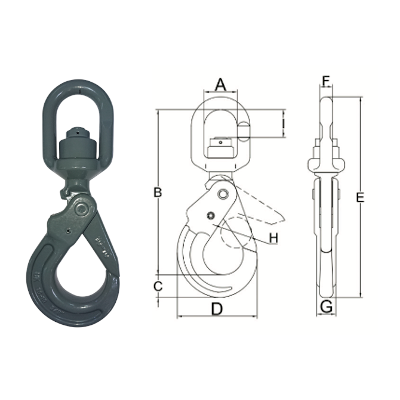 SSLHBB Swivel Self-Locking Hook with Ball Bearings & Hidden Trigger dimensional drawing