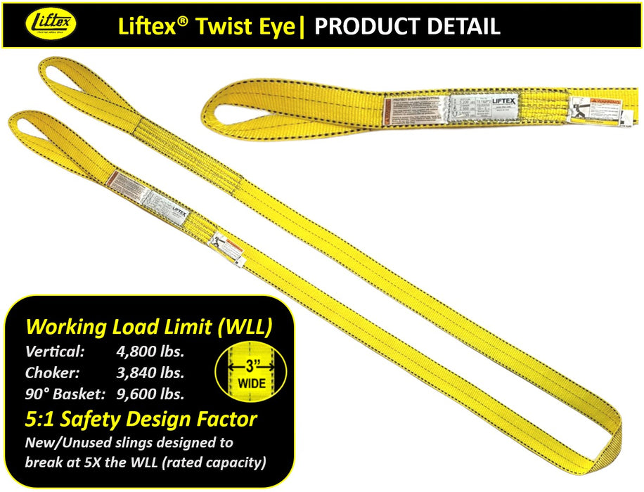 Liftex® Pro-Edge® | 1-Ply 3" Twisted Eye Polyester Web Sling | TE193 | 4,800 lb Vertical Capacity