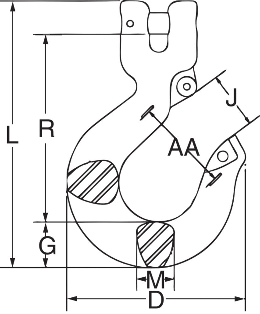 Crosby L-1339 clevis sling hook dimensional drawing showing dimensions D, G, J, L, M, R, AA