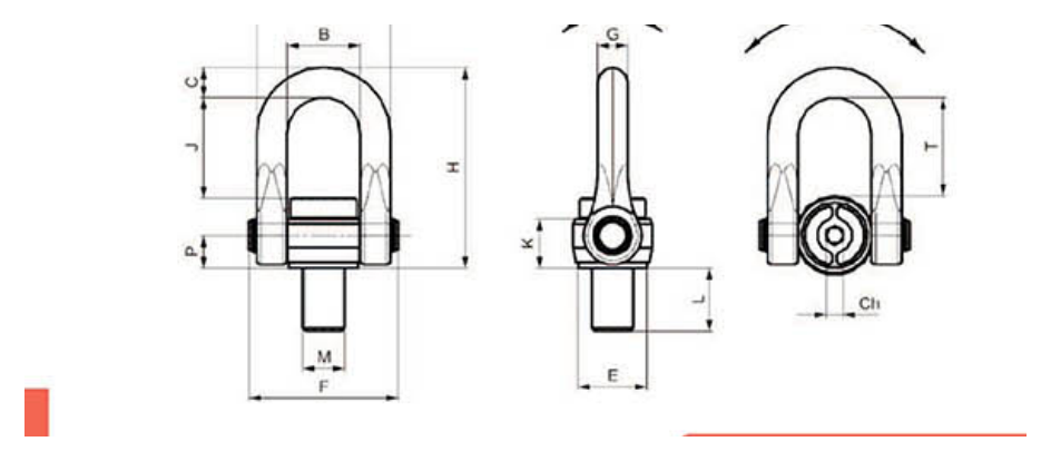 AMH Cartec C813X Performer Heavy Lift Swivel Hoist Ring — dimensional diagram (A,B,C,E,F,G,H,J,K,L,P,T,Ch)