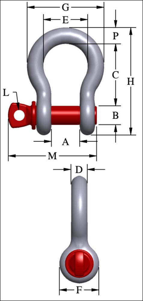 Crosby G-209 screw pin anchor shackle dimensional drawing showing dimensions A, B, C, D, E, F, G, H, L, M, P