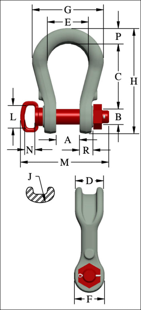 Crosby G-2160 wide body bolt type sling shackle dimensional drawing showing dimensions A, B, C, D, E, F, G, H, J, L, M, N, P, R