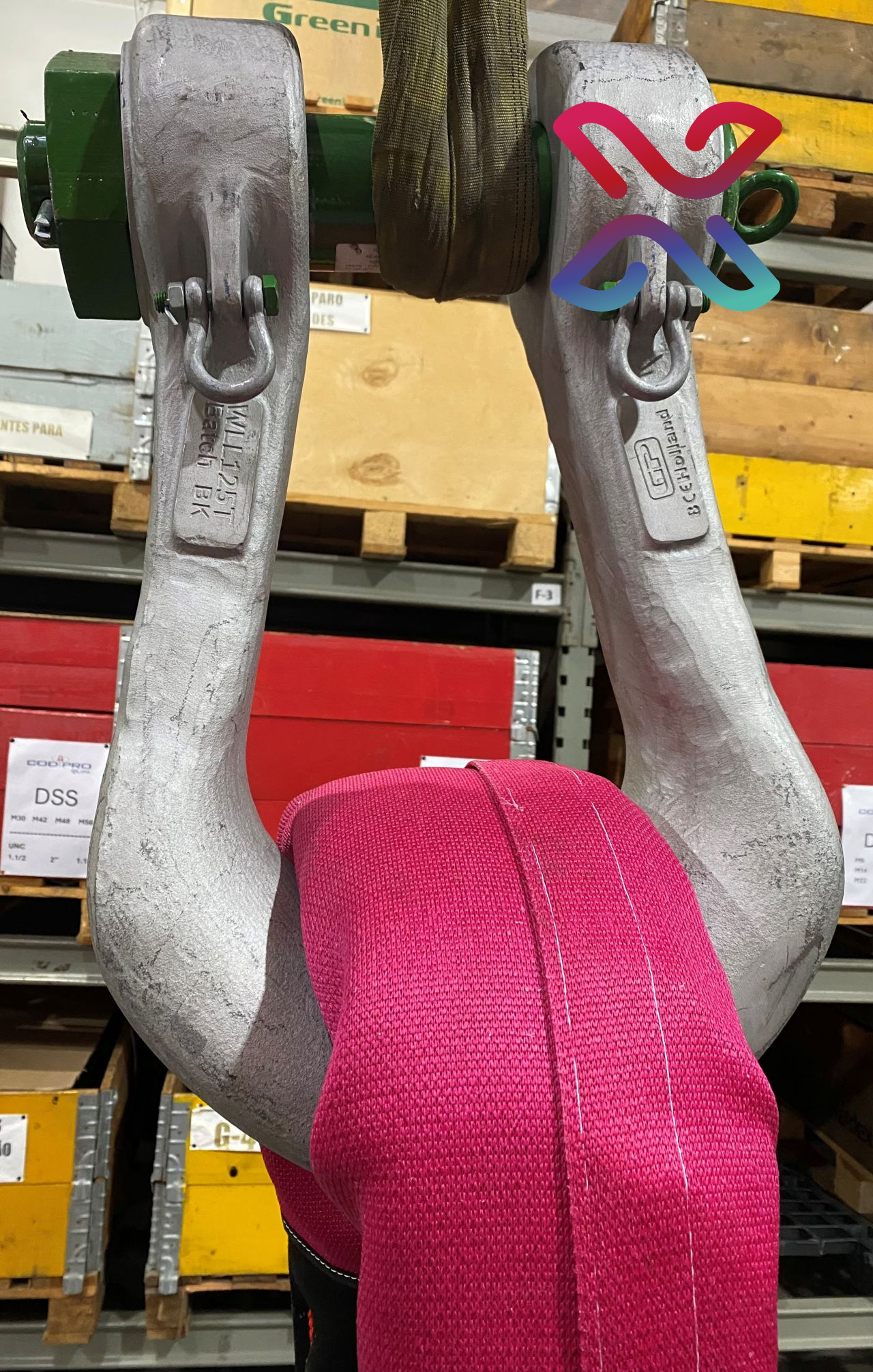 Extreema EP-C protective sleeve in use on a rigging sling at the shackle bearing point