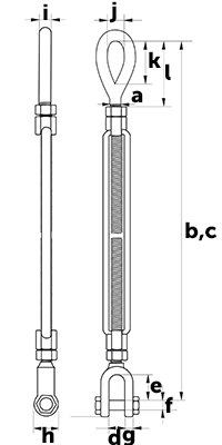 Green Pin G-6315 Eye & Jaw Turnbuckle - dimensional diagram