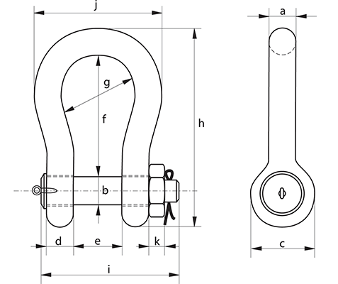 Green Pin P-6036 Heavy Duty Bow Shackle BN - dimensional diagram