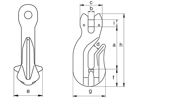 Green Pin UCRC Clevis Grab Hook Grade 10 dimension diagram