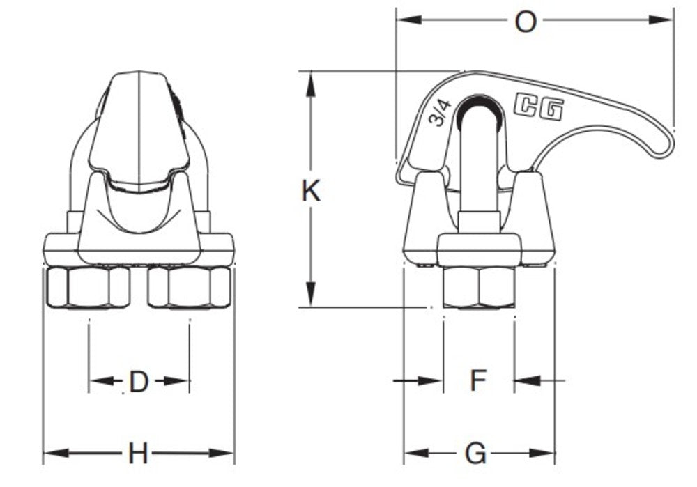 Crosby G-460 Soft Eye Wire Rope Clip dimensional diagram