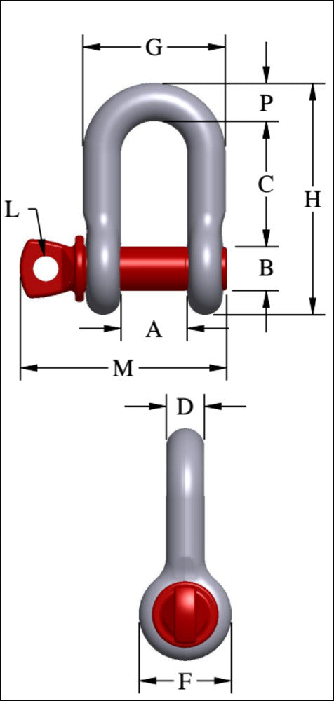 Crosby G-210 screw pin chain shackle dimensional drawing showing dimensions A, B, C, D, F, G, H, L, M, P