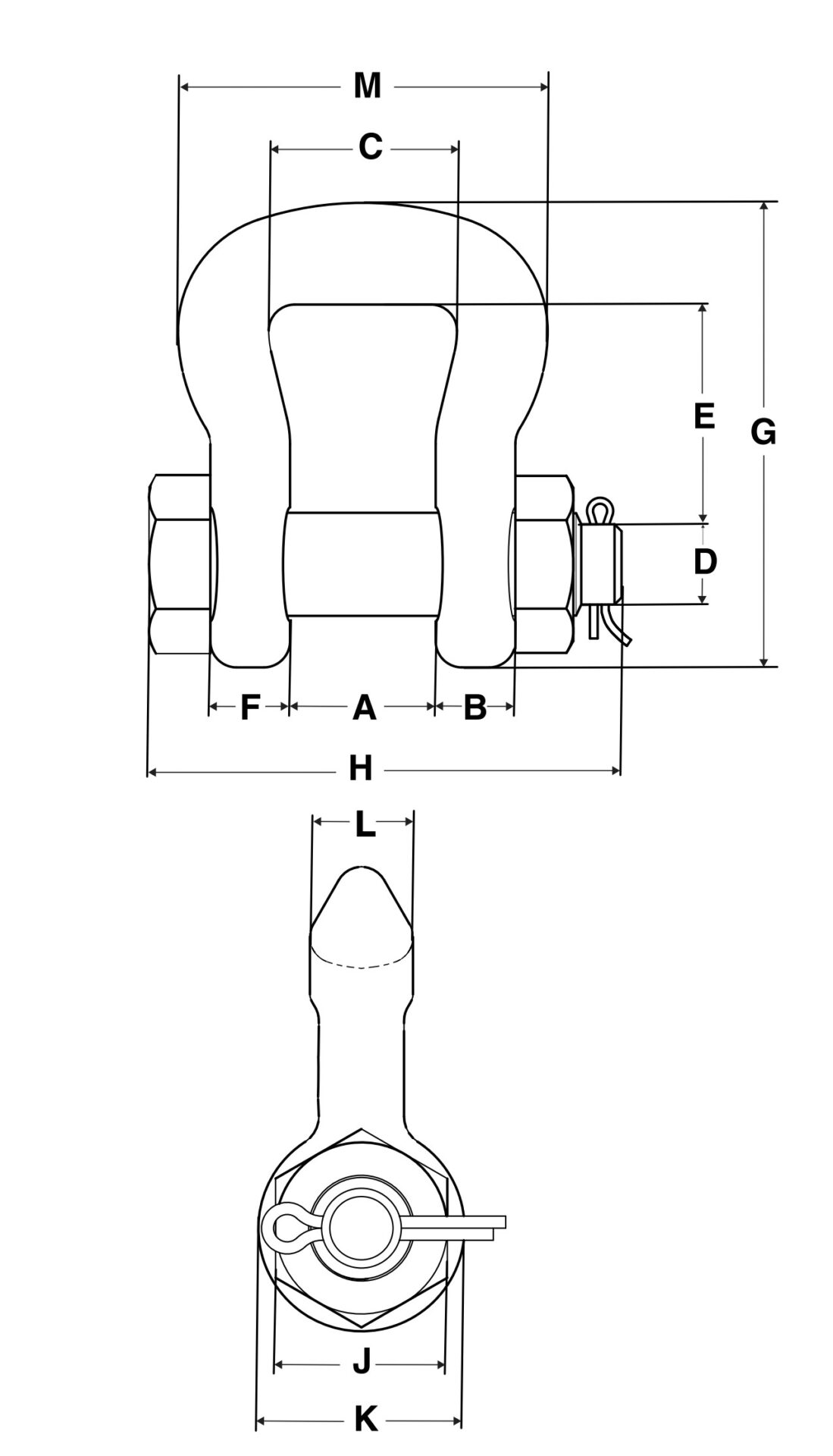 Crosby S-252 sling saver bolt type web sling shackle dimensional drawing showing dimensions A, B, C, D, E, F, G, H, J, K, L, M
