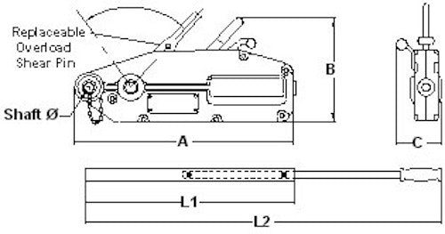AMH Walk-E-Dog dimensional drawing (A, B, C, shaft, L1, L2)